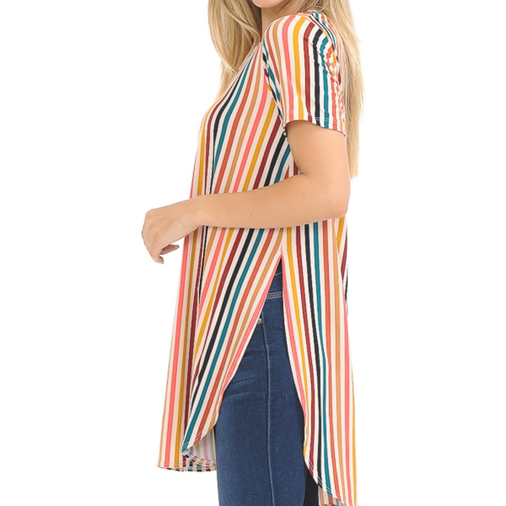 VERTICAL STRIPE SHORT SLEEVE TUNIC WITH SIDE SLIT